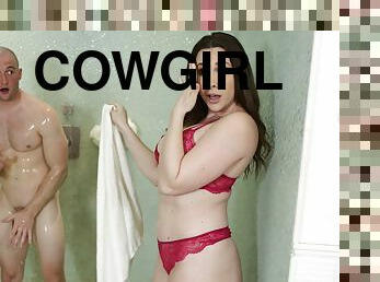 gros-nichons, ejaculation-sur-le-corps, cow-girl, brunette