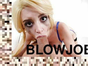 Petite blondie shows off her amazing deepthroating skills