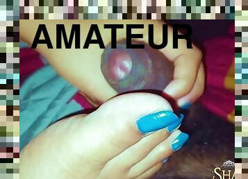 Blue Toenails Footjob Cum On Feet