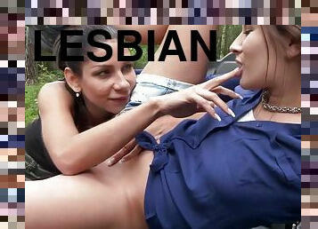 Yenna And Rachel Evans In Fully Clothed Lesbian Sex In The Woods