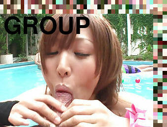 Group blowjob in the pool from cute Japanese girls