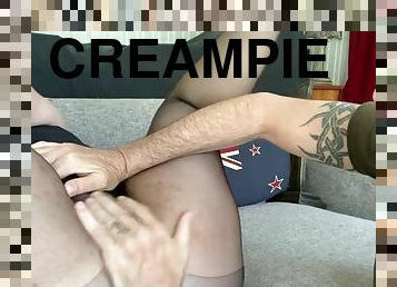 Cameltoe creampie! FULL vid. Mature hairy BBW cums on her face and takes a big load. NZs BEST homemade content