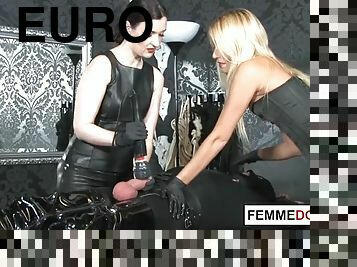 Two european mistresses giving sub leather the cbt treatment