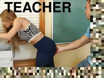 Nasty teacher Nicole Aniston take student's cock in the classroom