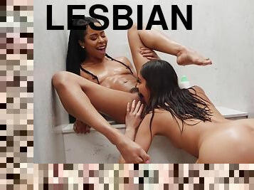 Lesbian shower sex by ebony Kira Noir and Emily Willis