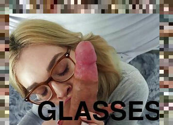 Nerdy blonde girl takes cum on her glasses after a nice fuck