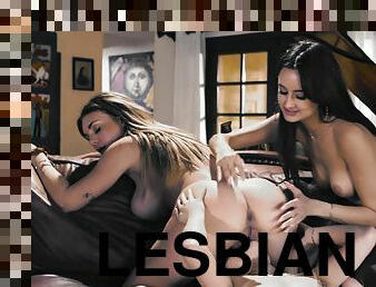 Elia Ibarra, Gabbie Carter and Lulu Chu make love on leather couch
