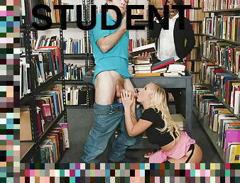 Hot student Bailey has sex on the couch in the public library