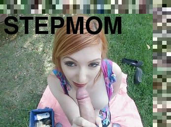 Playing stepmoms breasts at the backyard