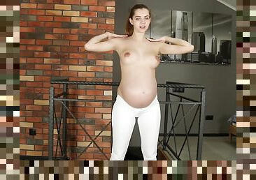 Pregnant Kay works out naked