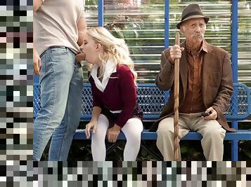 Blonde teen Riley Star gets banged on the bus stop