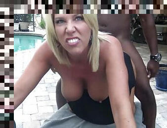 Smiley mature gets eaten out and fucked by the pool