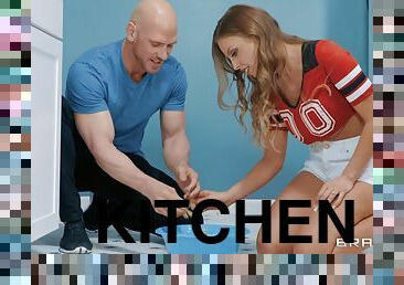 Slutty GF Britney Amber pleasuring bald dude in the kitchen