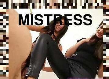 Mistress Genny and Mistress Francy Ballbusting foot worship