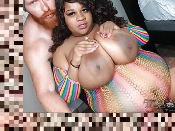 Super busty big ass ebony BBW enjoys interracial sex with white dude