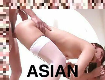 Beautiful petite Asian Maika gets cum on her hairy pussy