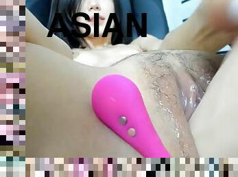 Horny Asian pussy squirting with dildo
