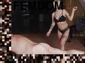BDSM fetish video of dirty Mistress Mia spanking her man