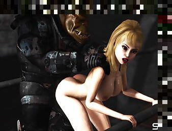 Alien monster fucks hard a sexy hot blonde in the dark dungeon