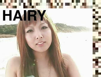 Ultra hairy Japanese gyaru in bikini beach foreplay