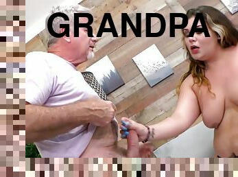 BBW Tina TongueRing Sucks Grandpas Cock and Makes Him Drill Her Pussy