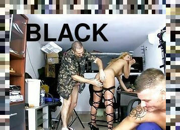 Lady Diamond wearing black lingerie enjoys while sucking a dick