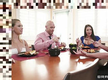 Hot Angela White enjoys dinner ending in foursome orgy