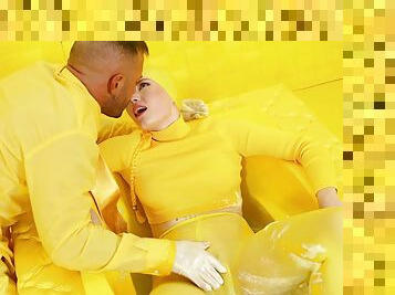 Naughty blonde babe Mimi Cica dressed in yellow moans while having sex