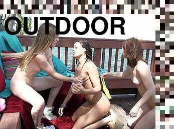 Lovely Luna Star enjoys masturbating with two girls outdoors