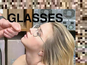 Blonde pickpocket with perky tits gets facial on her eyeglasses from cop