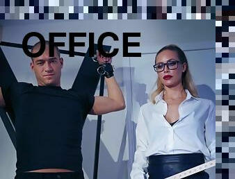 Strict blonde in tight office uniform gets her office orgasm
