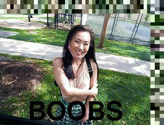 Small boobs Asian chick Kimmy Kimm fucked in the van balls deep