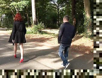 MMF threesome with a redhead Alex Harper wearing high heels