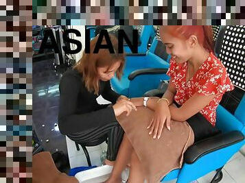 Pedicure for the Asian teen girlfriend and a footjob by her afterwards