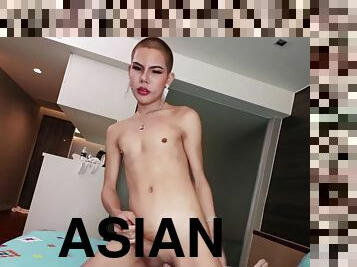 Asian ladyboy teen Sandy fucks a guy anal after he fucked her ass first