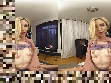 Homemade VR video of a small tits blondie riding in cowgirl