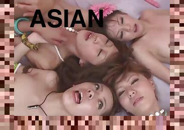 Four Asian girlfriends get fucked and creamed by two dicks