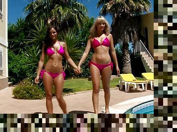 Hot tanned lesbians Lena and Kari have hot sex outdoors near