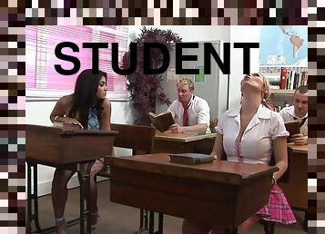 Blonde and brunette students fuck with one lad in detention