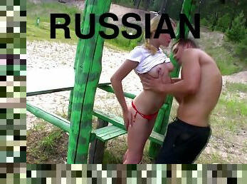 Beautiful Russian couple has very hot sex in forest near the river