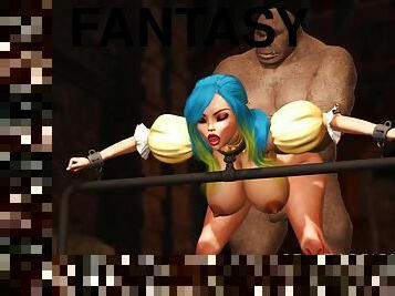 Big monster bangs a cuffed fantasy girl elf in the dungeon
