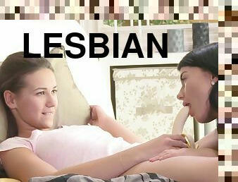 Lesbian babes Lucy Li and Carrie suck a banana and lick pussies