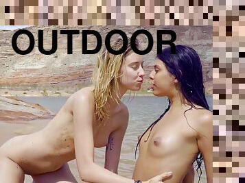 Gina Valentina and Haley Reed like to share a big cock outdoors