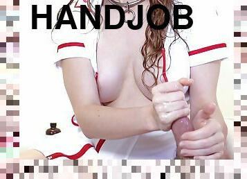 Nasty nurse shakes male pole in POV handjob action