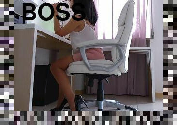 Gorgeous brunette in pink mini skirt fuck with boss in office