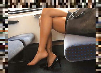 collants, public, pieds, fétiche, caché, en-nylon, talons-hauts, jambes