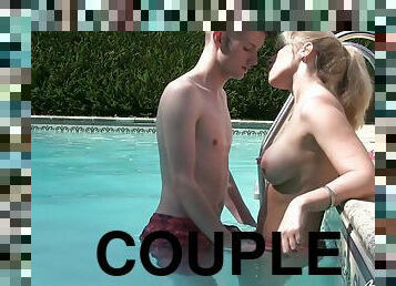 Two porn stars enjoying hard rough sex after prelude in the swimming pool