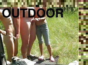 Big man with huge cock and two women outdoor
