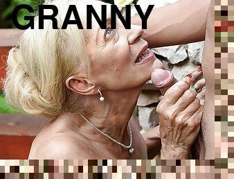 Blonde granny fuck in the garden with guy