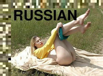 Russian teen Milena Devi spreads her legs to masturbate in outdoors